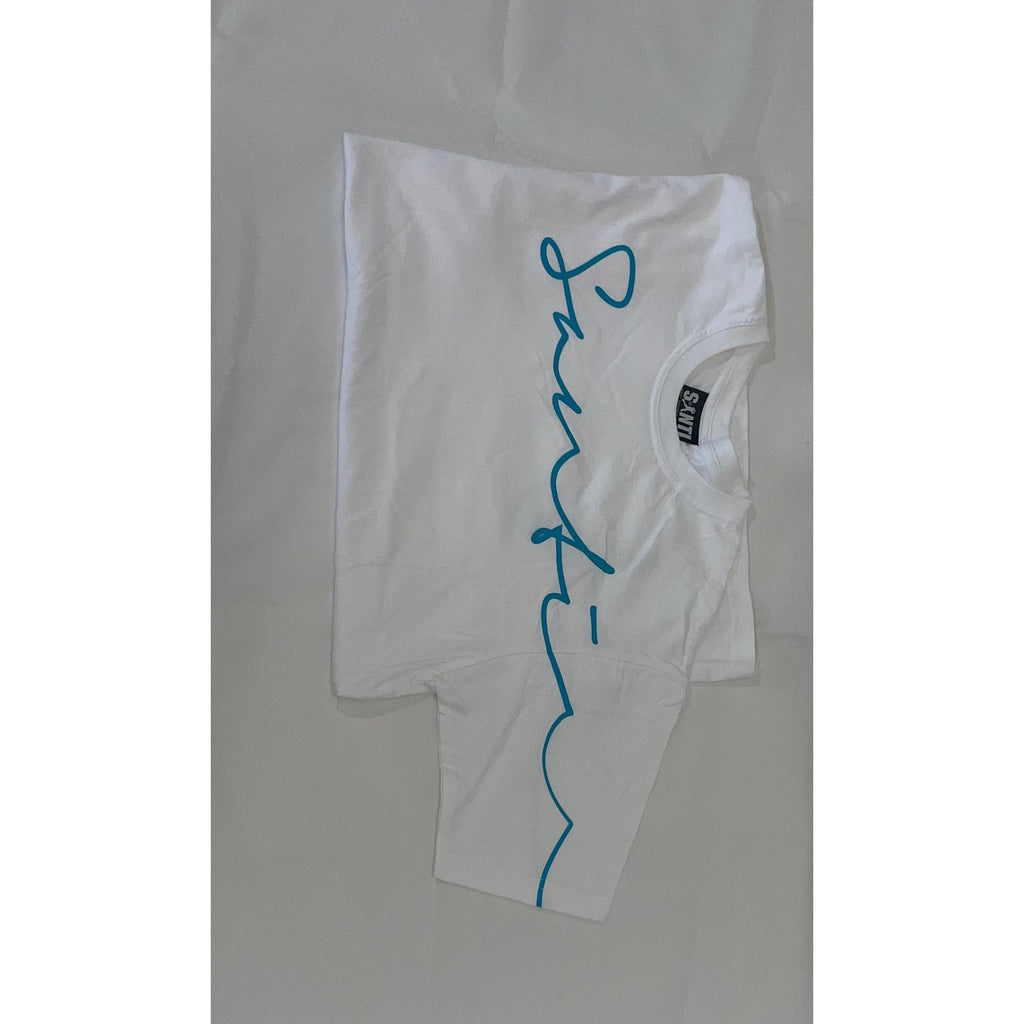 Santi Mens blue and white writing T-Shirt-Santi Sale- by Divemaster Scuba Nottingham-Divemaster Scuba Nottingham